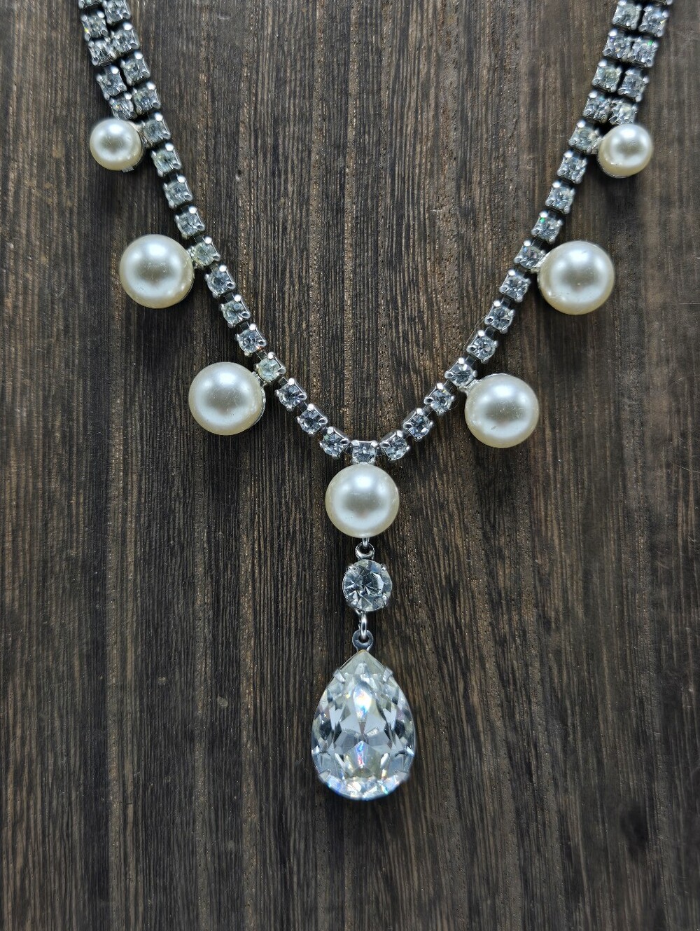 70's Rhinestone Dangling Faux Pearl Necklace Bib Collar Silver Tone Wedding VTG